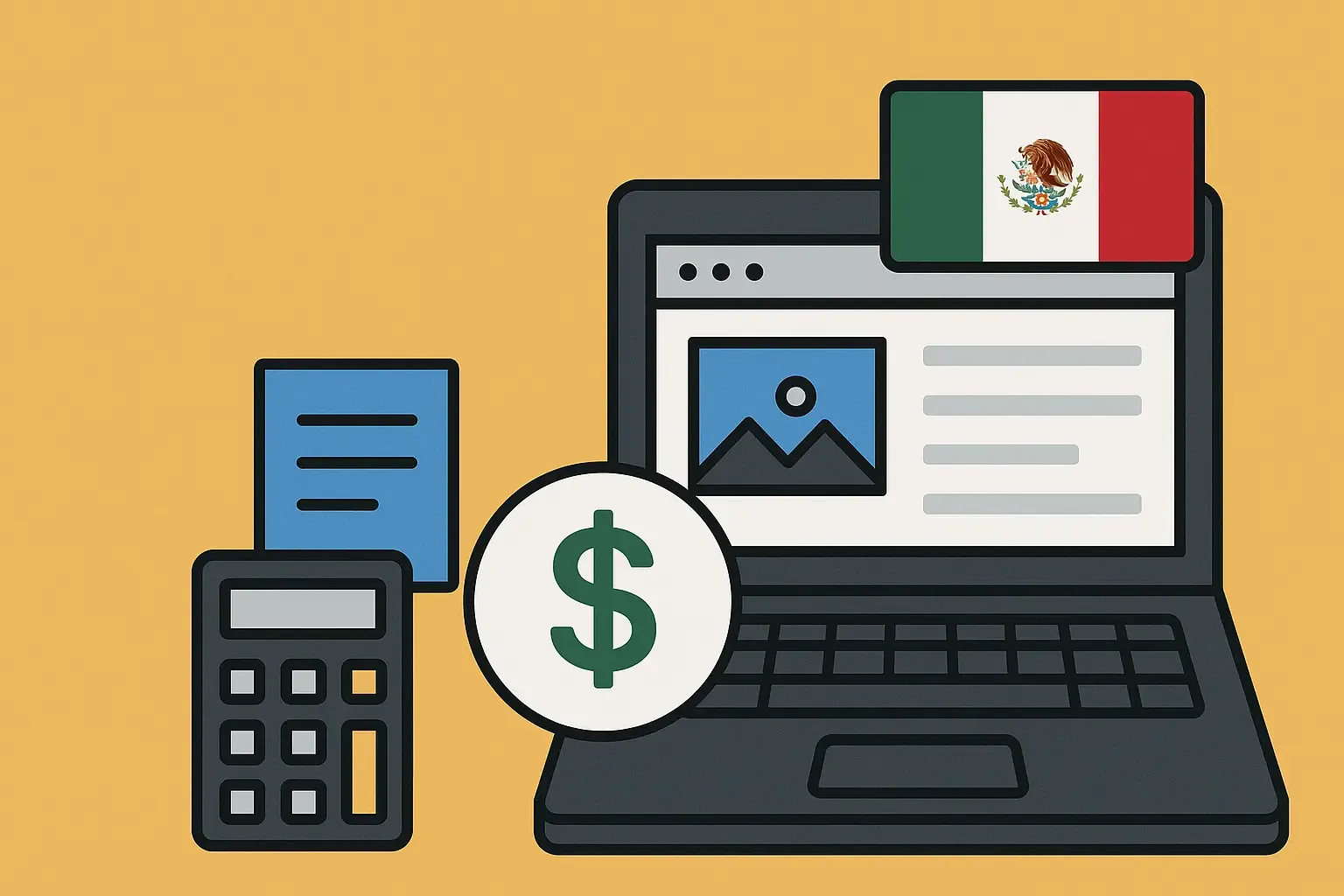 Laptop con diseño web y bandera de México representando el costo de una página web en 2025