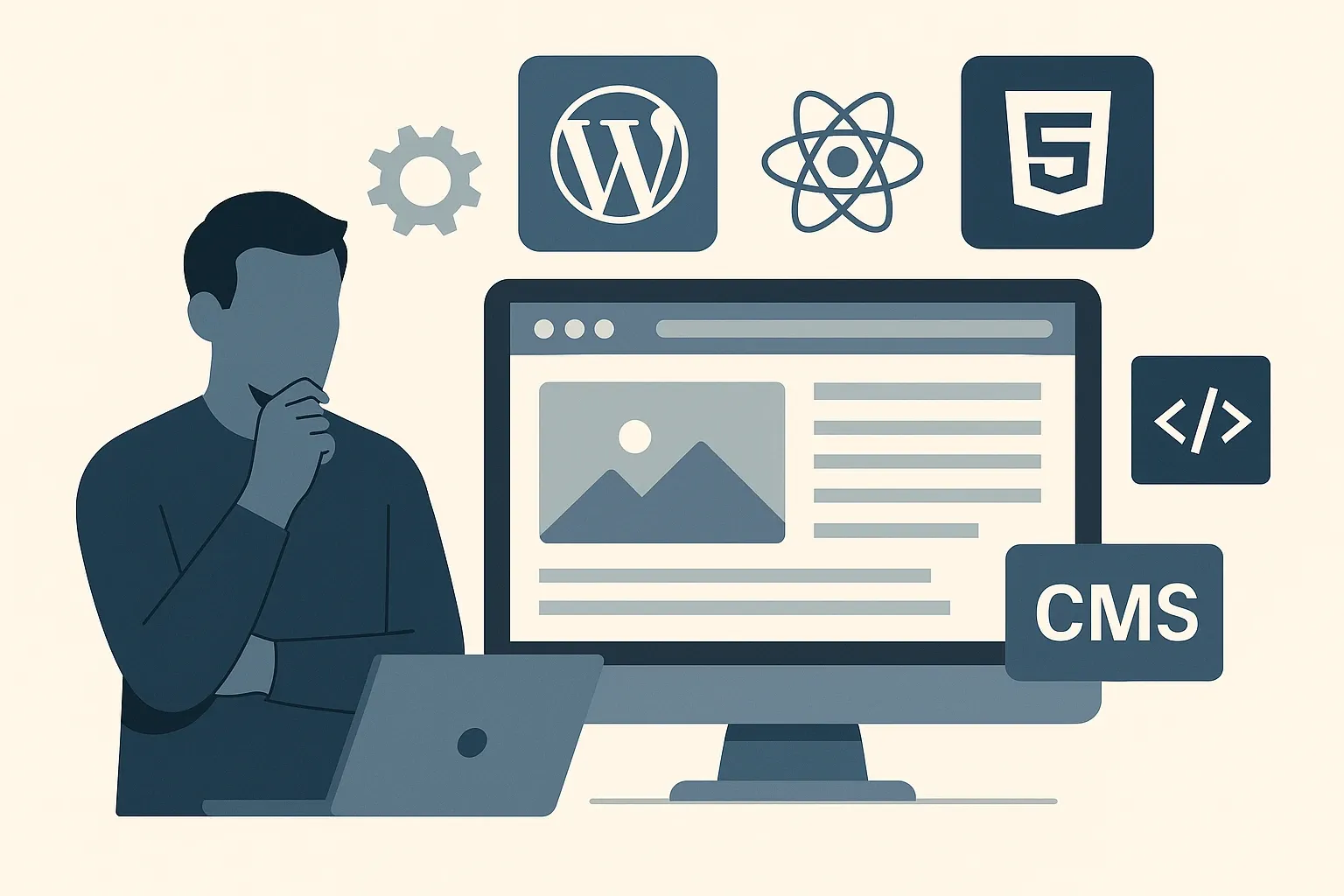 Persona analizando la tecnología adecuada para su página web frente a un monitor con iconos de CMS, WordPress y frameworks de desarrollo.